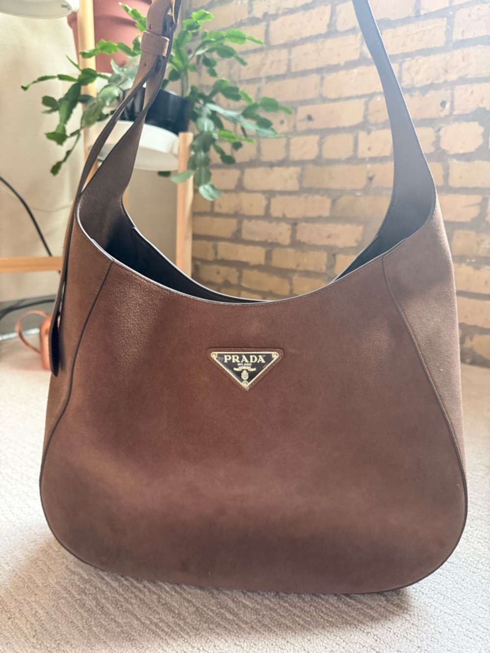 Prada Suede Brown Shoulder Hobo Bag with Dust Bag Authentic - Picture 7 of 8